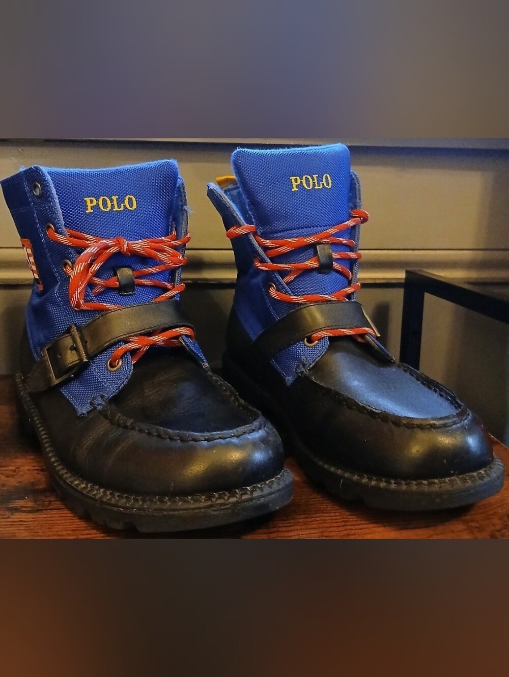 Polo by Ralph Lauren Blue and Black Kids Lace-Up Boots with Red Laces